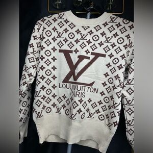 Cream and Brown Crew Neck Sweater with Monogram Pattern